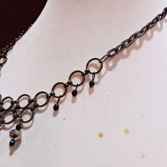 Handmade Gunmetal Rings Black Hematite Bead Bib Statement Necklace Tassel Fringe - Picture 7 of 12